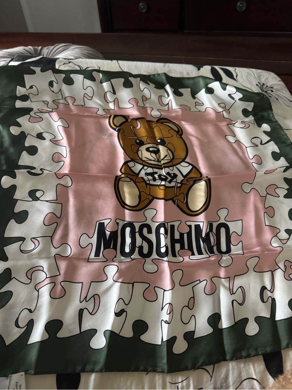 Moschino Cream and Green Puzzle-Edge Silk Scarf
